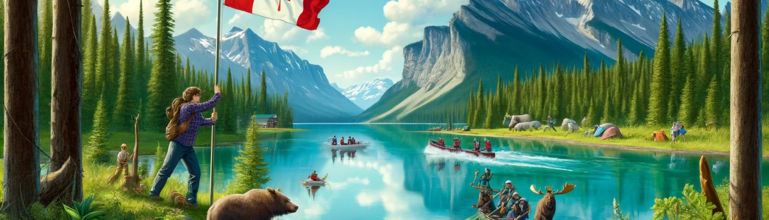 buntes Fantasiebild mit Wanderer, Kanus, Bären